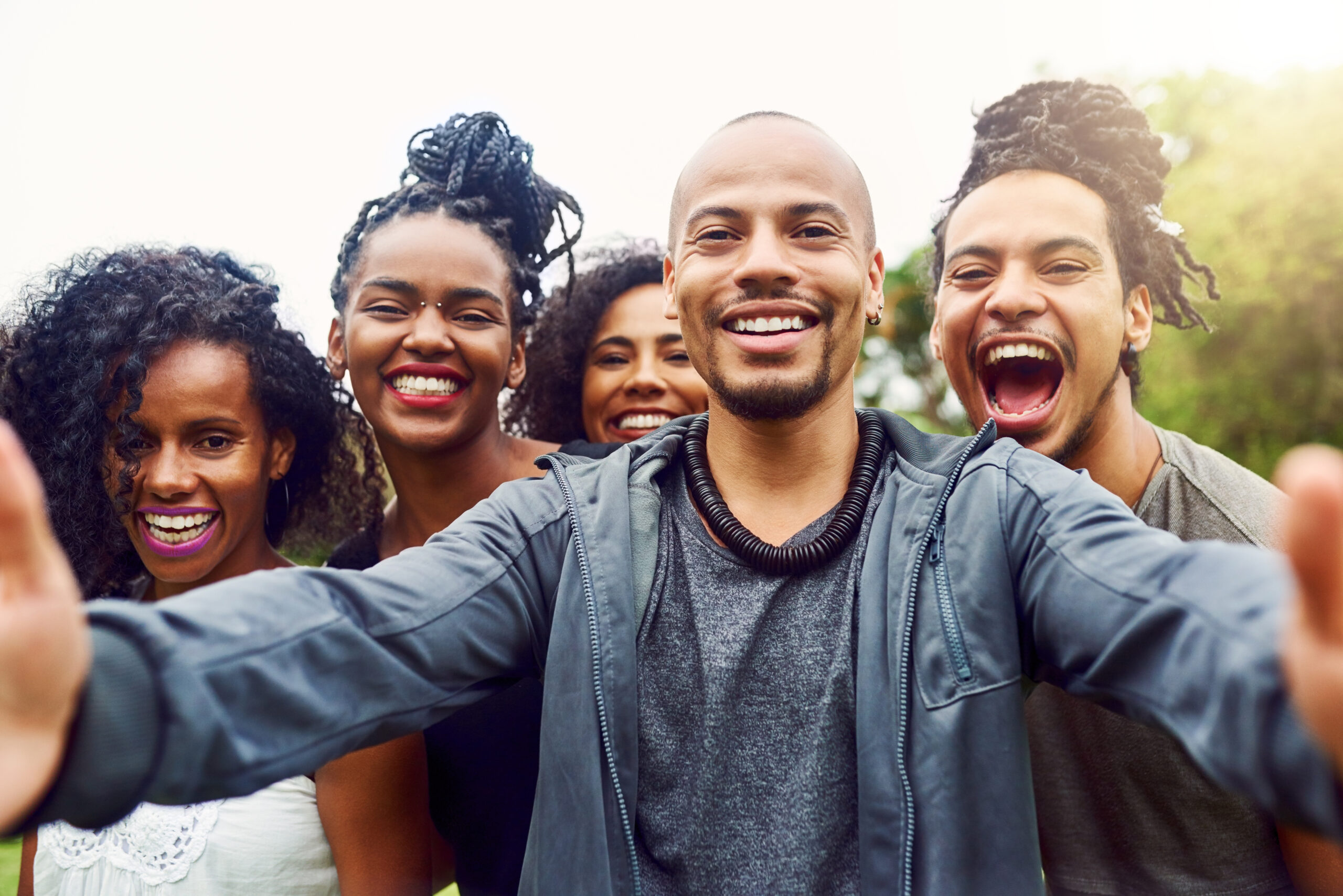 Cropped shot of a group of friends posing together for a selfie.